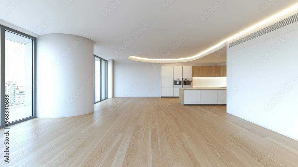 A large, empty room with a kitchen and a window A large, empty room with a kitchen and a window