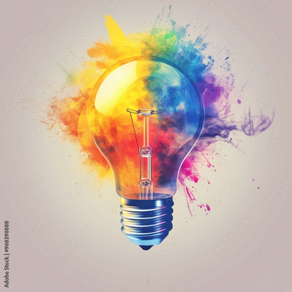 A vibrant illustration of a glowing light bulb with a colorful paint splash radiating out, symbolizing creativity, inspiration, and innovation through the blend of bright colors and abstract design. A vibrant illustration of a glowing light bulb with a colorful paint splash radiating out, symbolizing creativity, inspiration, and innovation through the blend of bright colors and abstract design.