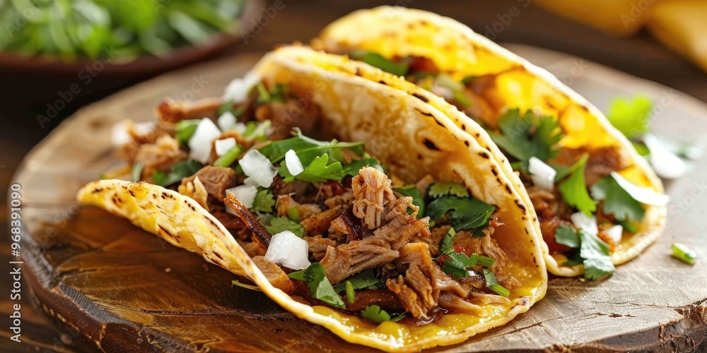 Crispy Pork Tacos Wrapped in Corn Tortillas Traditional Starter Accompanied by Cilantro, Onions, and Spicy Salsa Crispy Pork Tacos Wrapped in Corn Tortillas Traditional Starter Accompanied by Cilantro, Onions, and Spicy Salsa