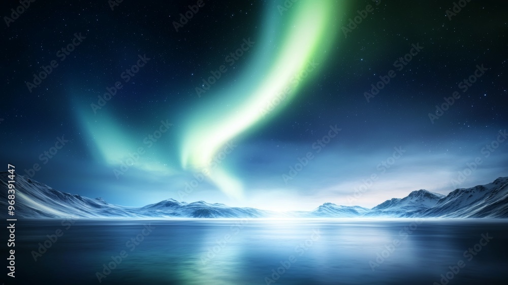 A beautiful night sky with a green aurora and mountains in the background A beautiful night sky with a green aurora and mountains in the background