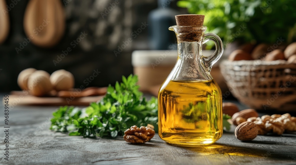 Walnut Oil in Glass Bottle with Fresh Herbs and Nuts Walnut Oil in Glass Bottle with Fresh Herbs and Nuts