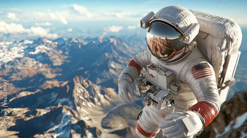 A man in a spacesuit is standing on a mountain A man in a spacesuit is standing on a mountain
