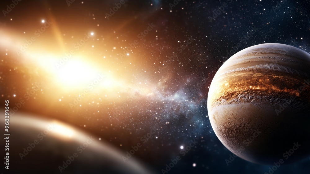 A large planet is surrounded by a bright sun and a vast expanse of stars A large planet is surrounded by a bright sun and a vast expanse of stars