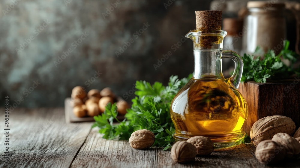 Walnut Oil in a Glass Bottle with Fresh Parsley on a Rustic Wooden Table, Healthy Oil, Cooking Oil, Food Photography, Walnut Oil in a Glass Bottle with Fresh Parsley on a Rustic Wooden Table, Healthy Oil, Cooking Oil, Food Photography,