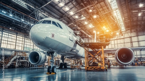 A large aircraft in a well-lit hangar, showcasing maintenance and engineering work.