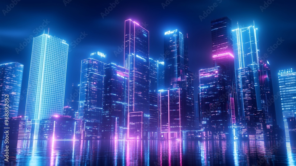 A vibrant city skyline illuminated by neon lights, showcasing modern skyscrapers reflecting on the water at night A vibrant city skyline illuminated by neon lights, showcasing modern skyscrapers reflecting on the water at night