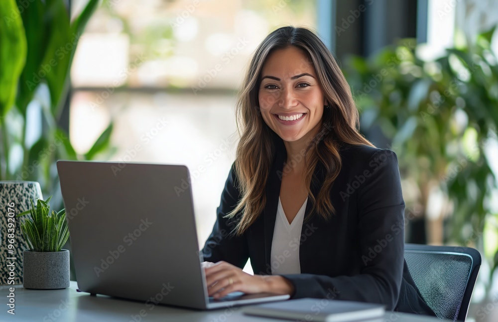 smiling businesswoman sitting at her desk with a laptop smiling businesswoman sitting at her desk with a laptop