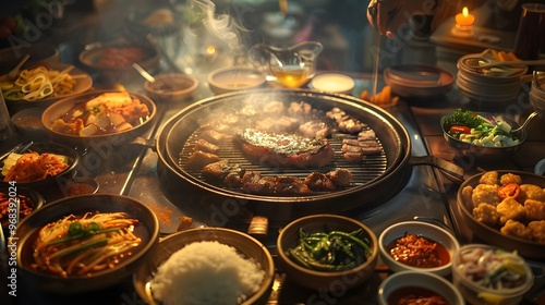 Korean Barbecue Grill with Sizzling Meat Feast