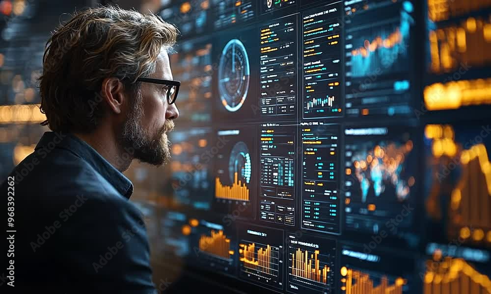 Man Analyzing Data on a Large Screen Man Analyzing Data on a Large Screen