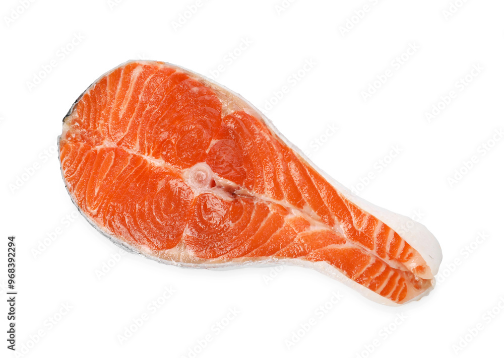 One fresh salmon steak isolated on white, top view One fresh salmon steak isolated on white, top view