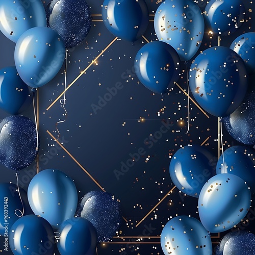 Blue balloons and confetti on white background. Vector Illustration.