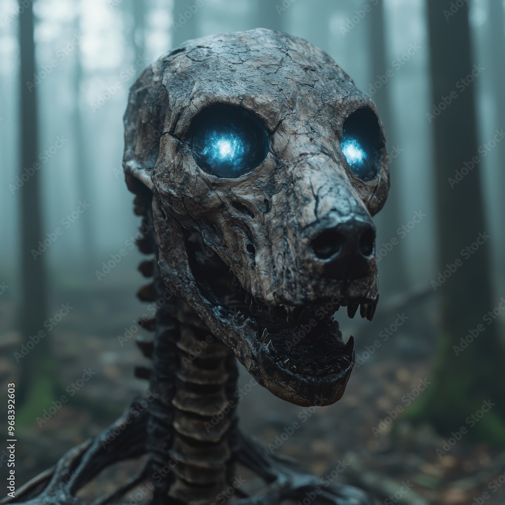 Creepy alien creature with glowing blue eyes Creepy alien creature with glowing blue eyes