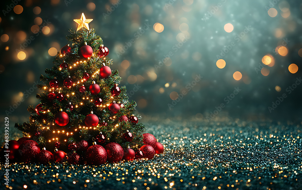 Christmas Tree with Multicolored Lights & Stars on Green Christmas Tree with Multicolored Lights & Stars on Green