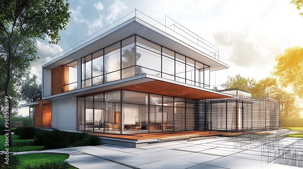 Modern House Construction - Architectural Drawing and Building Site in Midday Sunlight Modern House Construction - Architectural Drawing and Building Site in Midday Sunlight