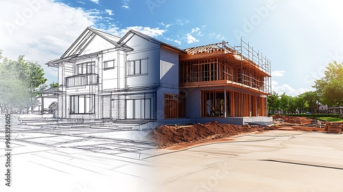 From Blueprint to Reality: Architectural Drawing of a House Beside a Sunlit Construction Site