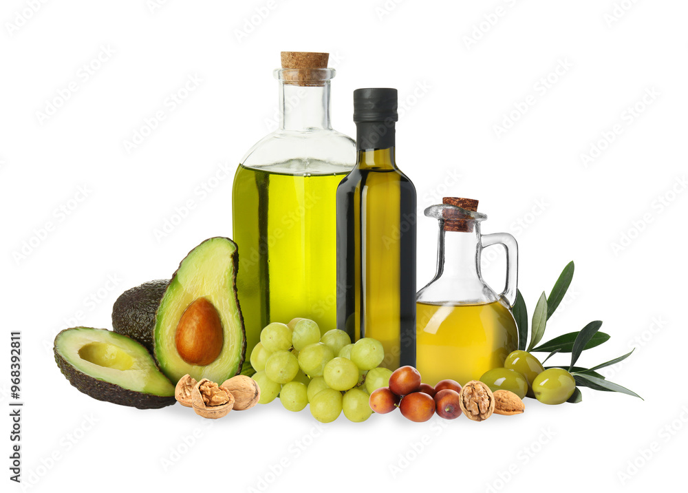 Vegetable fats. Set of different oils and ingredients isolated on white Vegetable fats. Set of different oils and ingredients isolated on white
