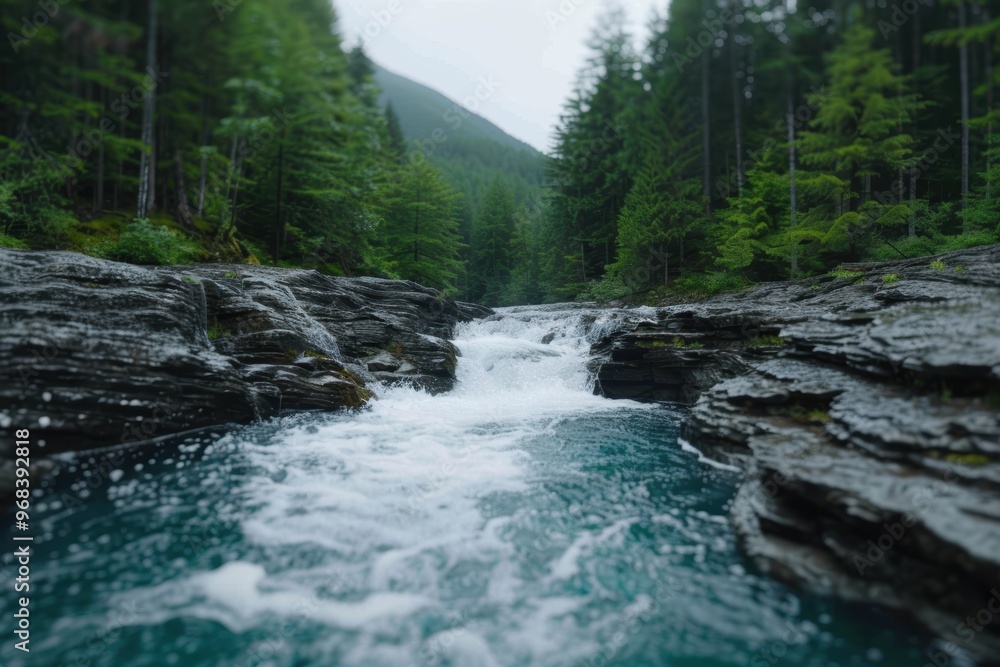 Rushing mountain stream in lush green forest Rushing mountain stream in lush green forest