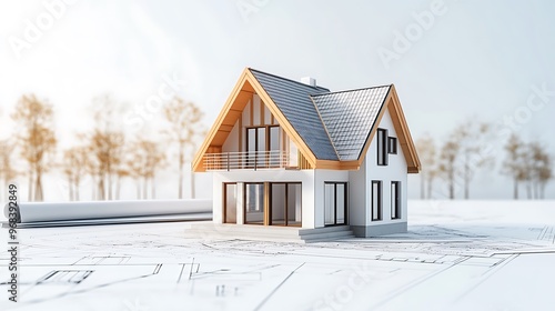 Modern House Construction Concept with Blueprints on White Background in Bright Daylight