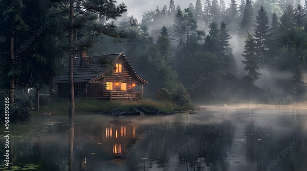 Fototapeta premium Rustic Cabin by Misty Forest Lake at Dusk