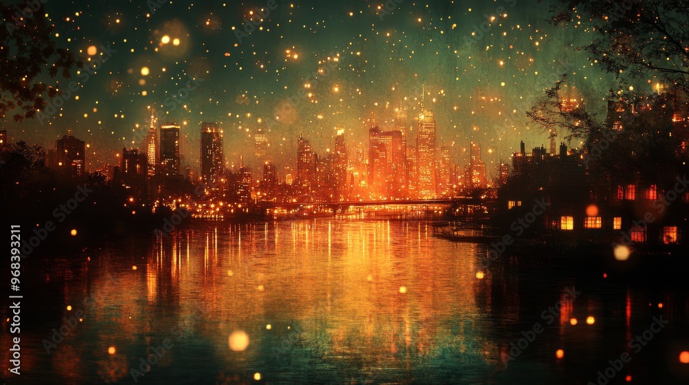 Fototapeta premium Nighttime Cityscape with Glowing Lights and Water Reflection