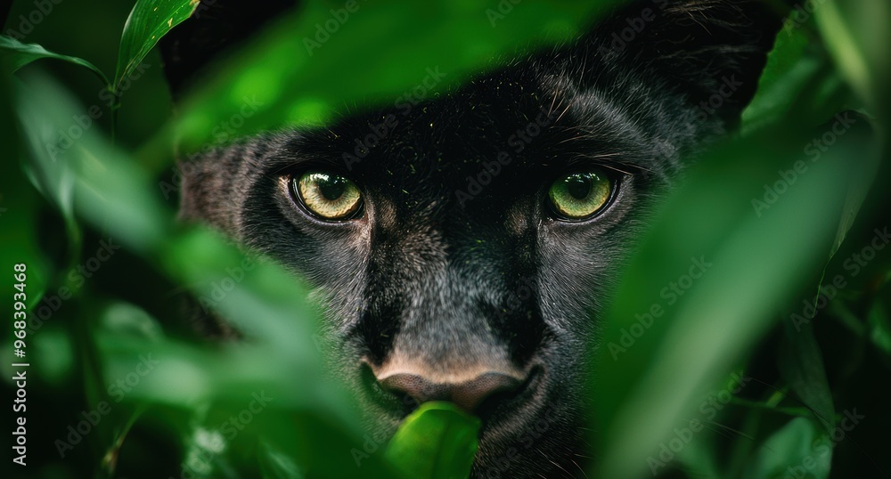 Obraz premium Curious black cat peeking through green leaves