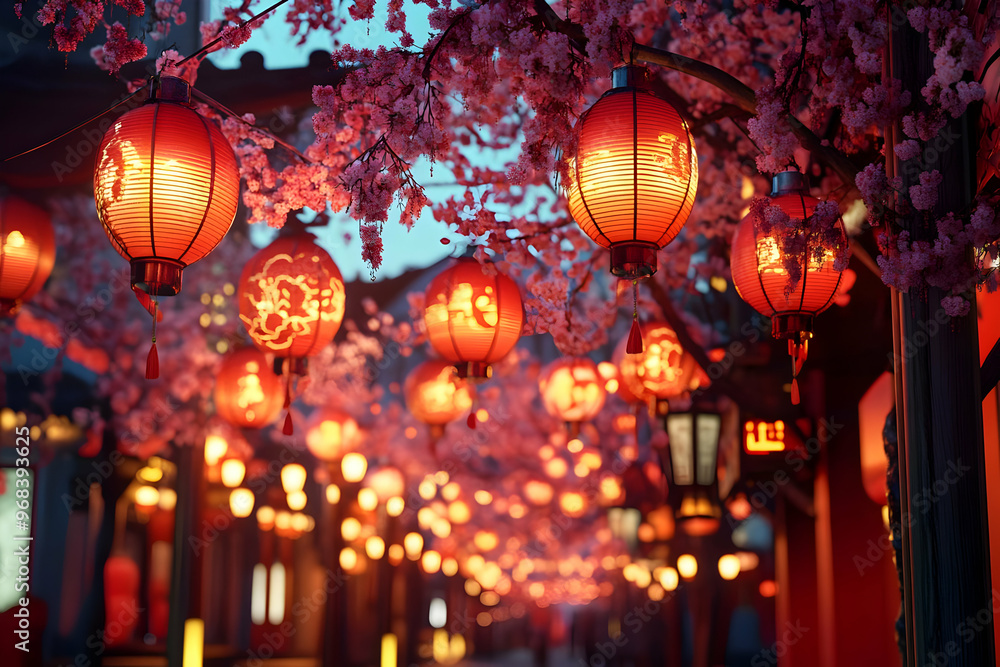 Red Lanterns Glow at Twilight: A Celebration of Chinese New Year with Cherry Blossoms Red Lanterns Glow at Twilight: A Celebration of Chinese New Year with Cherry Blossoms