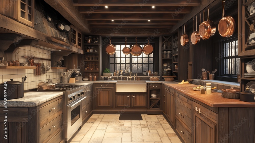 Cozy rustic kitchen with wooden cabinets and copper pots, featuring a spacious layout and warm, inviting atmosphere during daylight Cozy rustic kitchen with wooden cabinets and copper pots, featuring a spacious layout and warm, inviting atmosphere during daylight