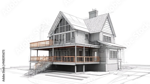 Charming Two-Story Cottage-Style House Architectural Drawing with Under Construction Small House in Golden Hour Lighting photo