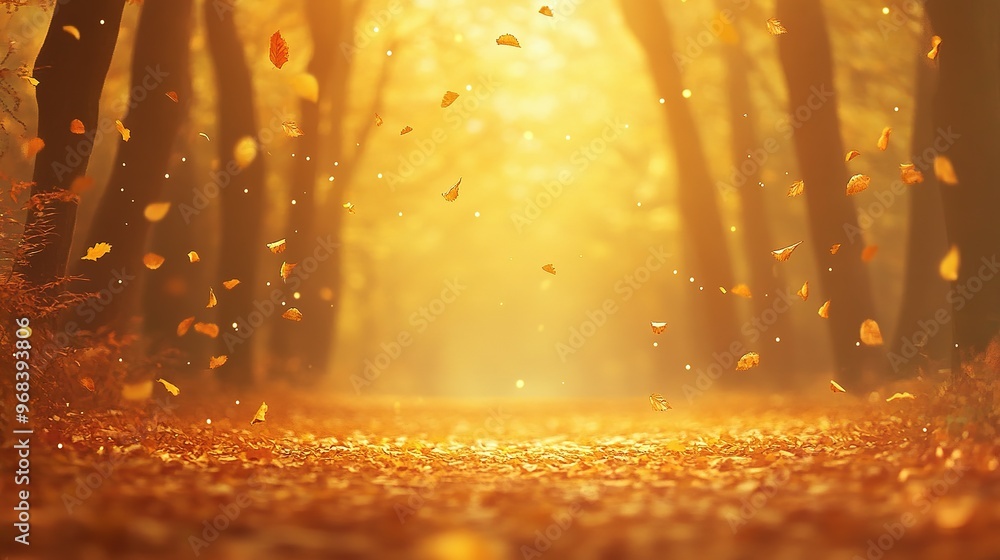 Golden Autumn Forest Path with Falling Leaves Golden Autumn Forest Path with Falling Leaves