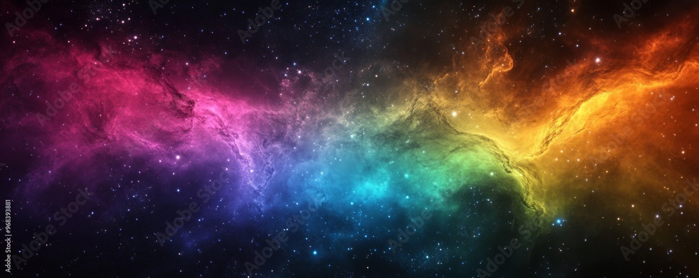 Celestial Symphony - Glowing Rainbow Gas Clouds in Deep Space Illuminated by Starlight Creating Surreal Atmosphere Celestial Symphony - Glowing Rainbow Gas Clouds in Deep Space Illuminated by Starlight Creating Surreal Atmosphere