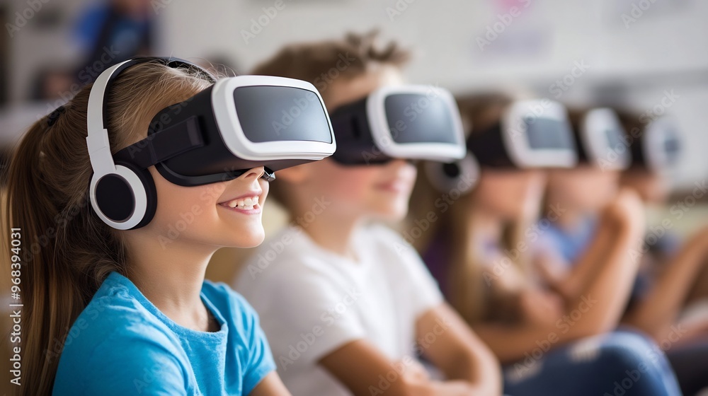 A young girl wearing virtual reality goggles smiles while looking at a virtual world. A young girl wearing virtual reality goggles smiles while looking at a virtual world.