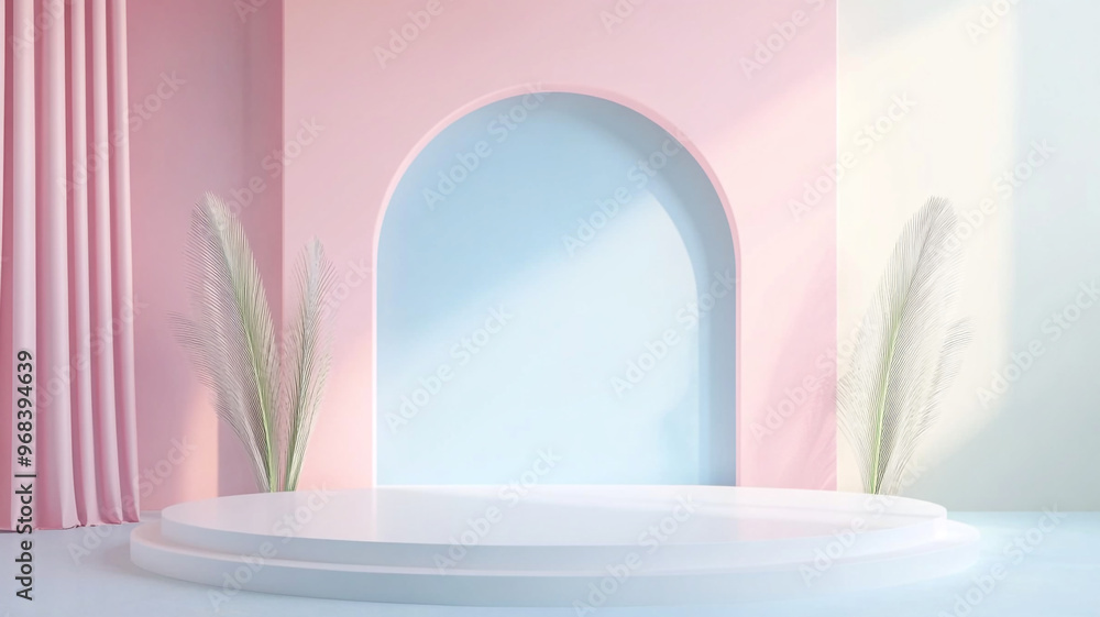 Modern pastel backdrop featuring an arch and simple stage with palm leaves in natural light Modern pastel backdrop featuring an arch and simple stage with palm leaves in natural light