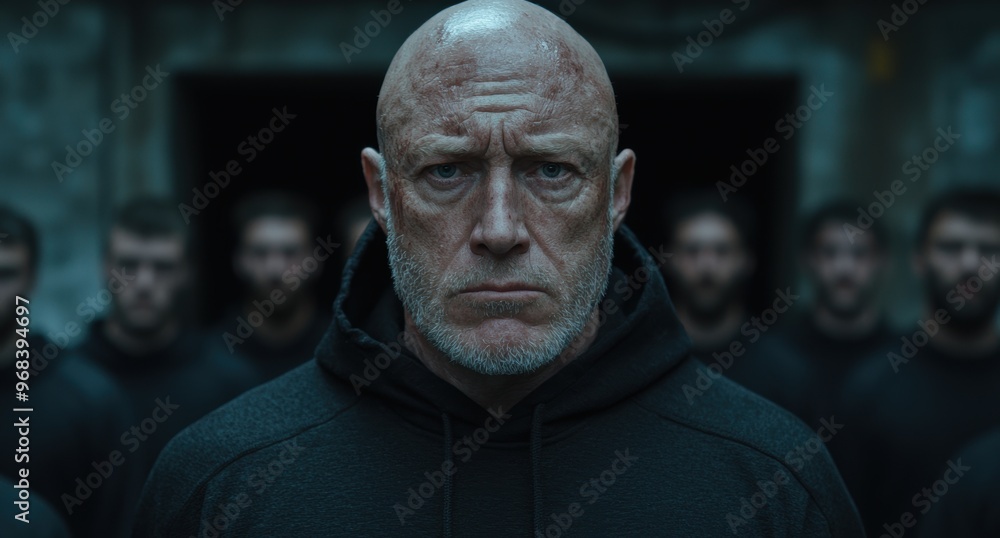 Intense bald man with piercing blue eyes Intense bald man with piercing blue eyes