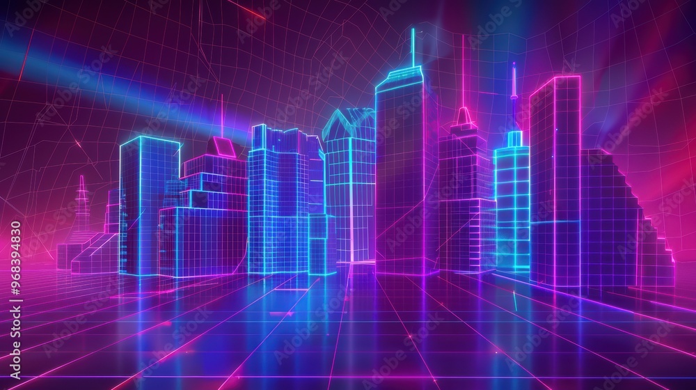 Naklejka premium The image can be named: Futuristic digital cityscape with a blue abstract binary code background representing technology and network data flow in a modern city