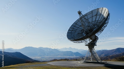 A large satellite dish stands against a mountainous landscape, used for communication purposes.