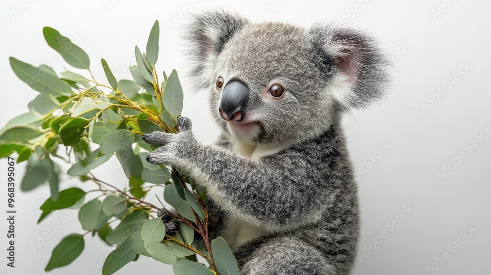 Naklejka premium A baby koala holding onto a eucalyptus branch, sitting on a white background.