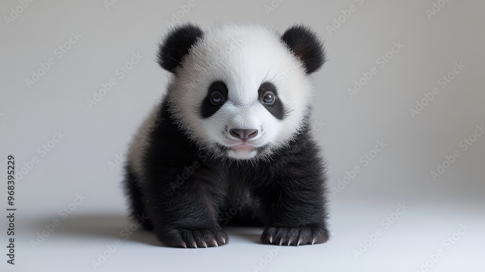 A baby panda cub sitting alone, with its round face and black-and-white fur, on a plain white background. A baby panda cub sitting alone, with its round face and black-and-white fur, on a plain white background.