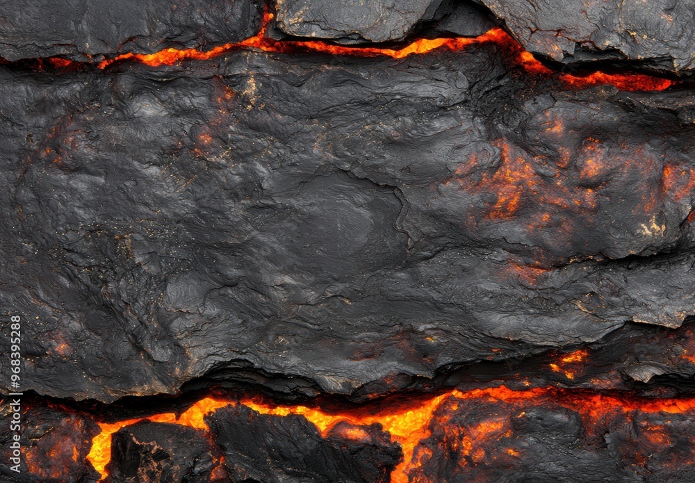 Molten lava flowing through cracks in dark volcanic rock