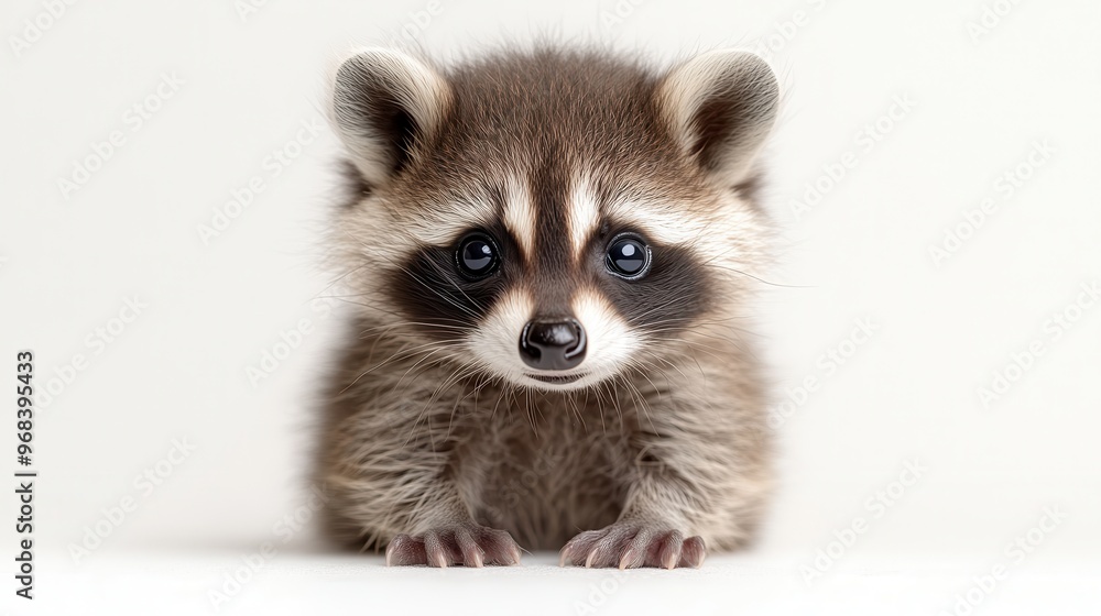 Obraz premium A baby raccoon with big, curious eyes, sitting on a white background.