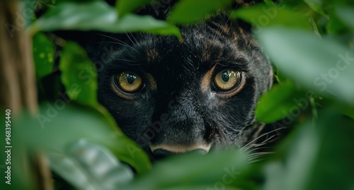 Mysterious black cat peering through foliage