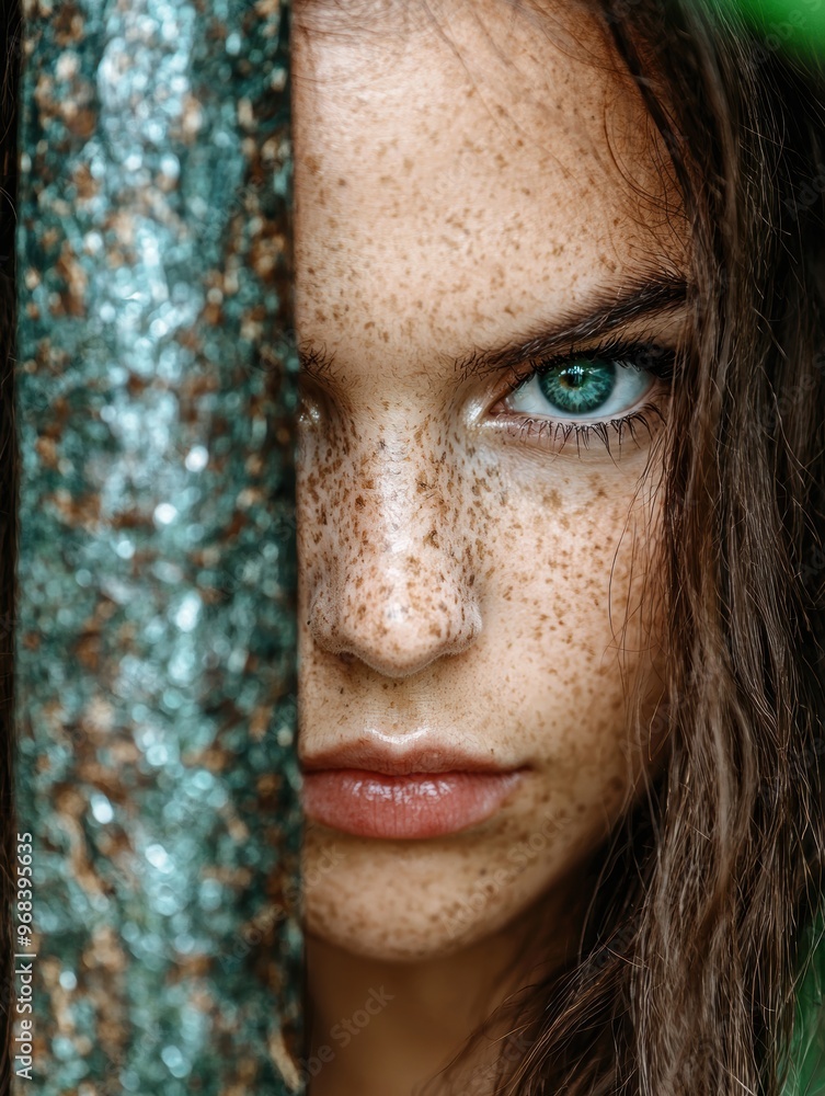 Captivating portrait of a young woman with striking green eyes and freckles Captivating portrait of a young woman with striking green eyes and freckles