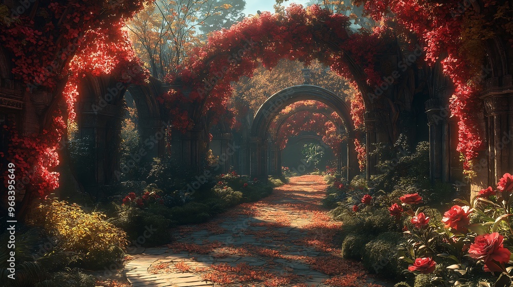 Obraz premium Red Autumn Vines on Stone Archway Garden Path
