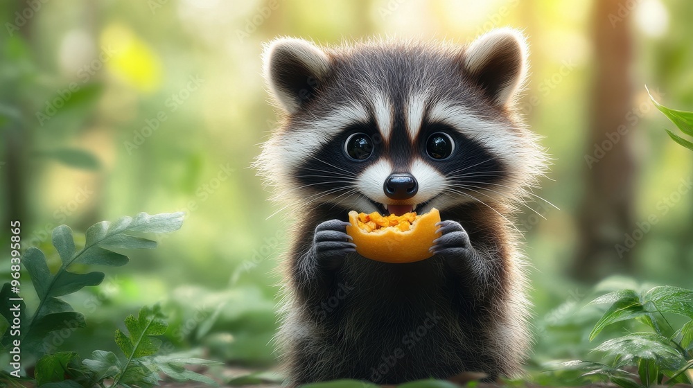 A cartoon raccoon holding a piece of food, with a mischievous grin, on a white background. A cartoon raccoon holding a piece of food, with a mischievous grin, on a white background.