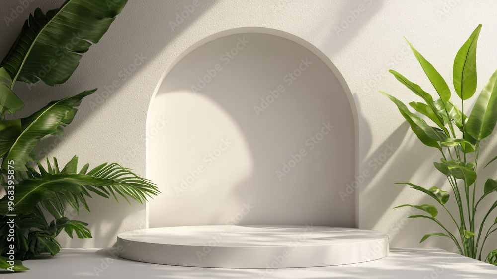 Minimalist indoor setting with circular platform and lush greenery for creative displays Minimalist indoor setting with circular platform and lush greenery for creative displays