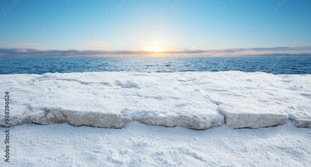 Obraz premium Serene winter landscape with frozen lake and sunset