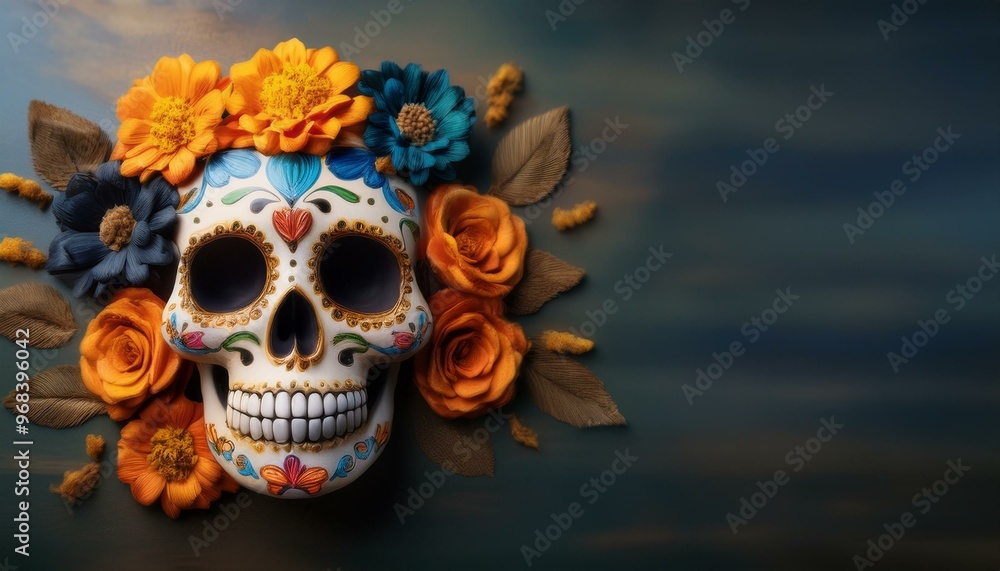 Dia De Los Muertos or Day of the Dead Celebration Banner background wtih sugar skull decorated and flowers. Dia De Los Muertos or Day of the Dead Celebration Banner background wtih sugar skull decorated and flowers.