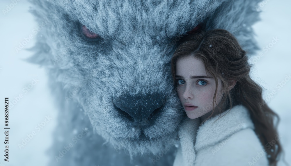 young woman in snowy forest with large wolf young woman in snowy forest with large wolf