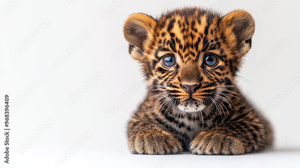 A close-up of a baby leopard with rosette spots, sitting on a white background, looking curious. A close-up of a baby leopard with rosette spots, sitting on a white background, looking curious.