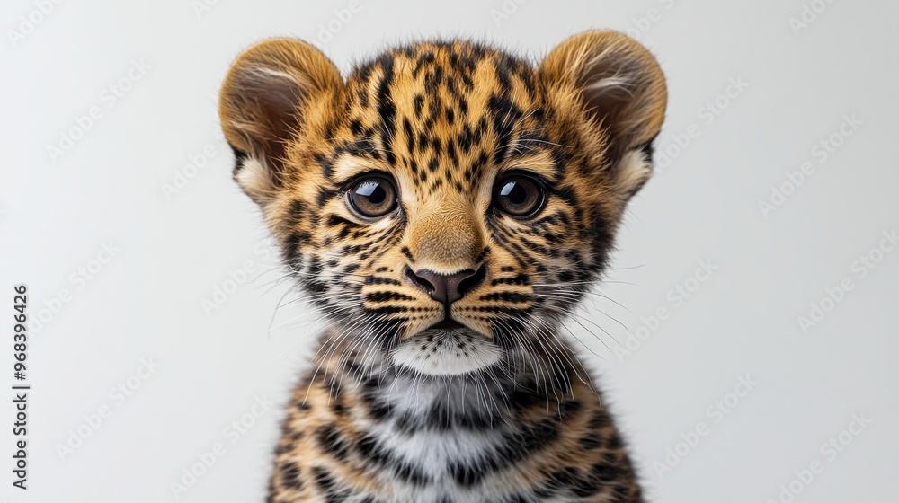 Obraz premium A close-up of a baby leopard with rosette spots, sitting on a white background, looking curious.