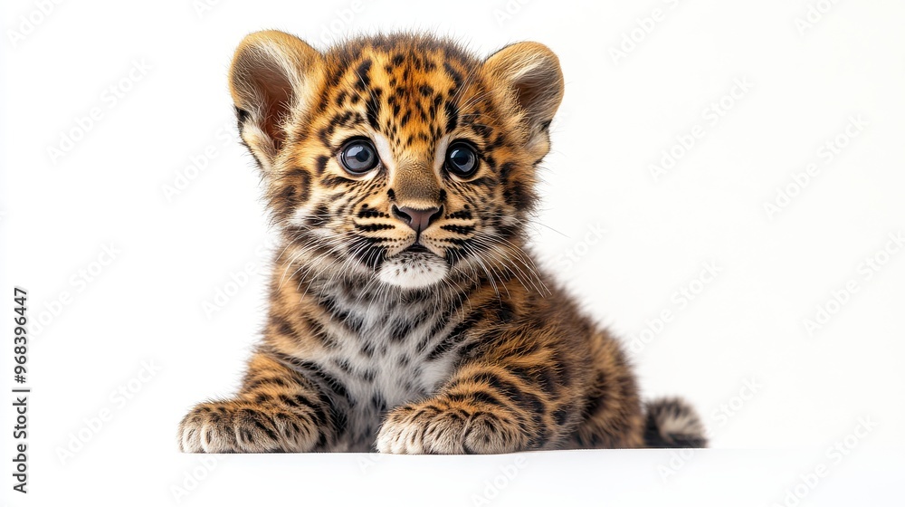 A close-up of a baby leopard with rosette spots, sitting on a white background, looking curious. A close-up of a baby leopard with rosette spots, sitting on a white background, looking curious.